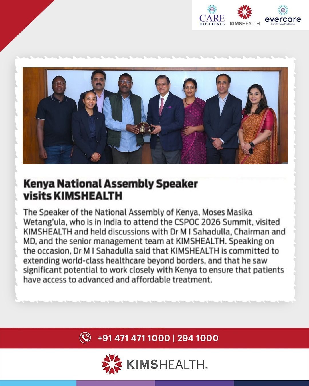 KIMSHEALTH had the honour of welcoming Dr. Moses Masika Wetang’ula, Speaker of the National Assembly of Kenya, during his visit to India for the CSPOC 2026 Summit