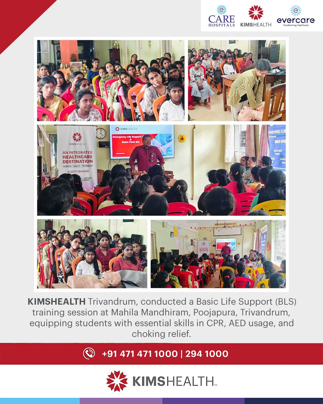 KIMSHEALTH Trivandrum, conducted a Basic Life Support (BLS) training session at Mahila Mandhiram, Poojapura