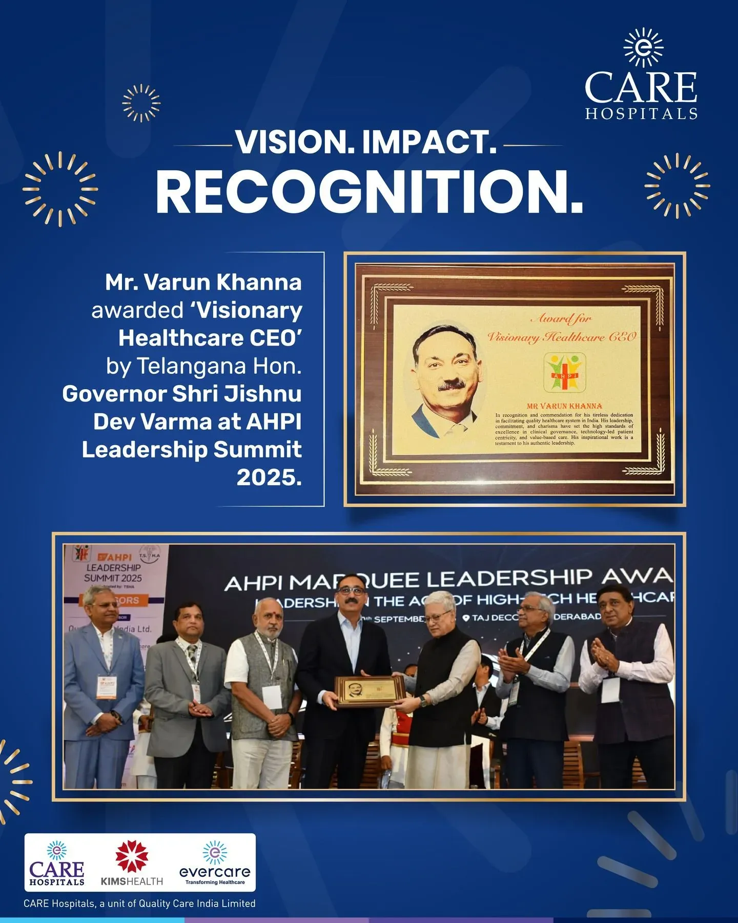 Mr. Varun Khanna, Group Managing Director, Quality CARE India Limited, was honoured with the prestigious ‘Visionary Healthcare CEO’ award