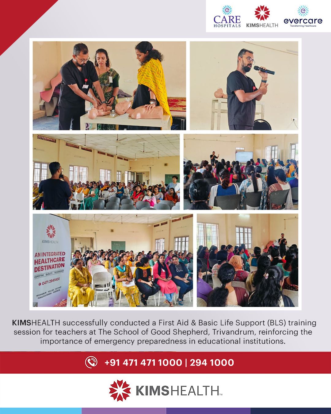 First Aid & Basic Life Support (BLS) training session for teachers at The School of Good Shepherd, Trivandrum