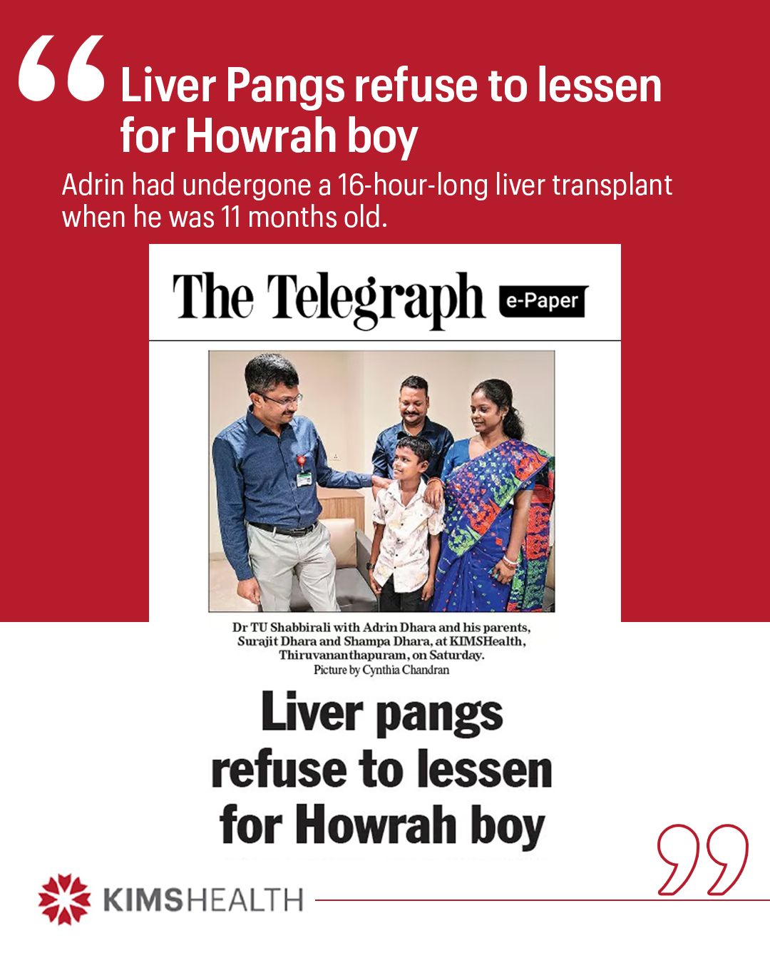 10-year-old boy from Howrah who underwent a liver transplant at KIMSHEALTH Trivandrum