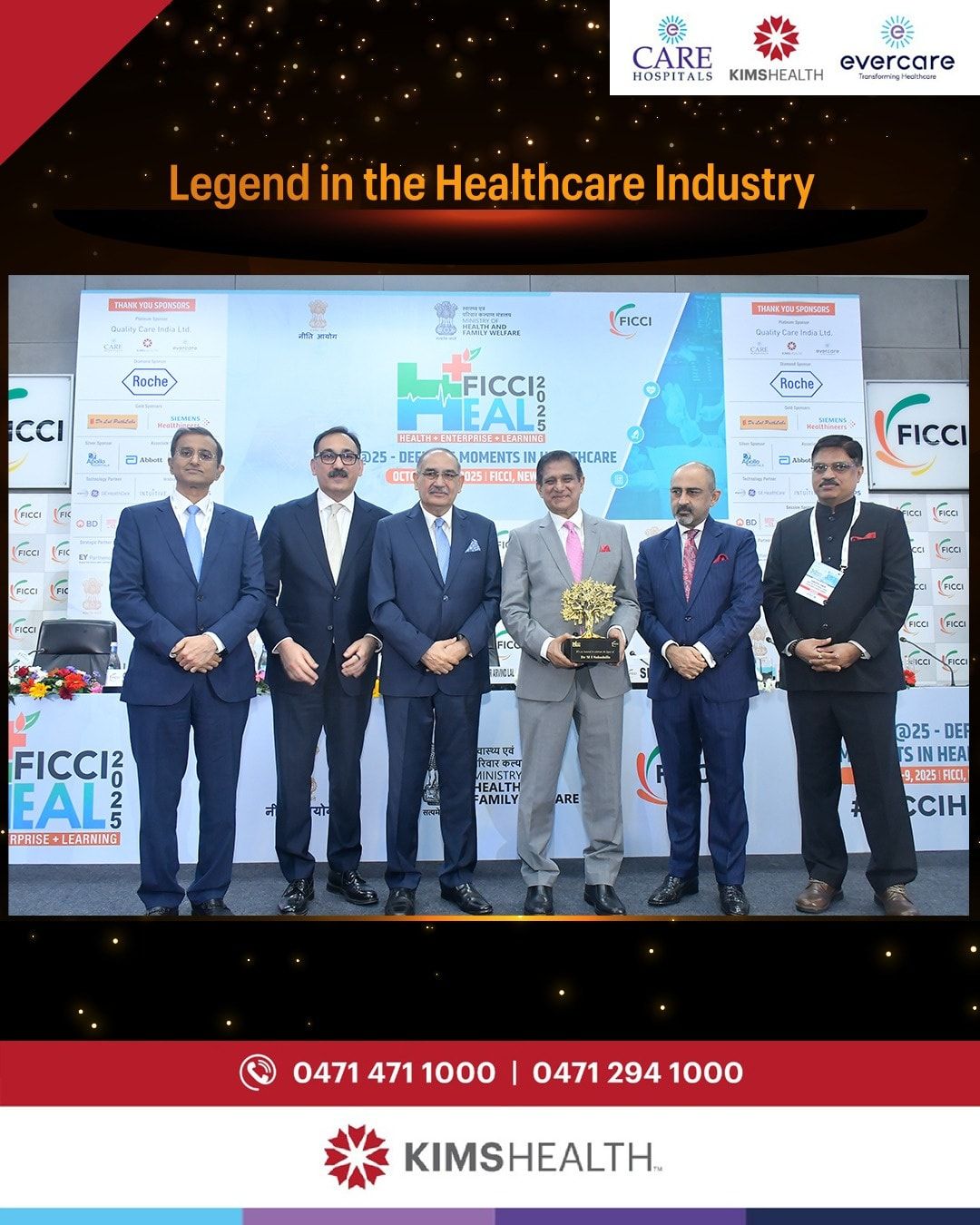 Dr. M I Sahadulla, Chairman and Managing Director of KIMSHEALTH, was honoured with the prestigious title of "Legend in the Healthcare Industry"