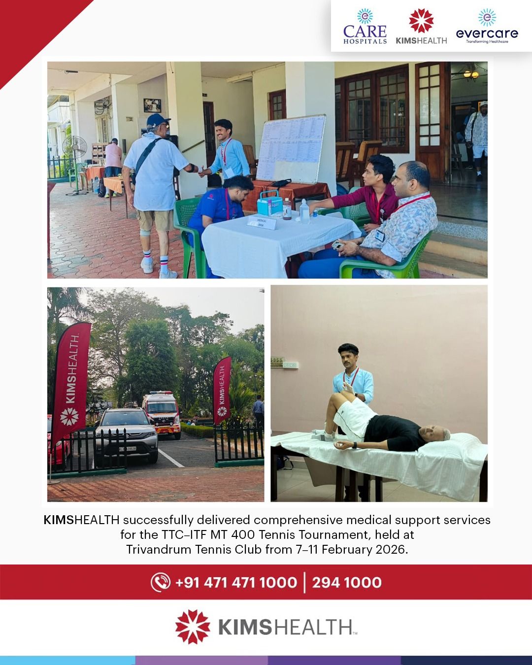 KIMSHEALTH successfully delivered comprehensive medical support services for the TTC–ITF MT 400 Tennis Tournament, held at Trivandrum Tennis Club from 7–11 February 2026